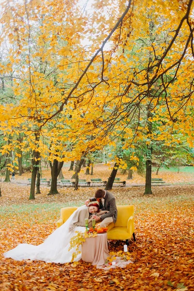 Boda Parque Otoño Picnic Para Dos Novia Puso Cabeza Los —  Fotos de Stock