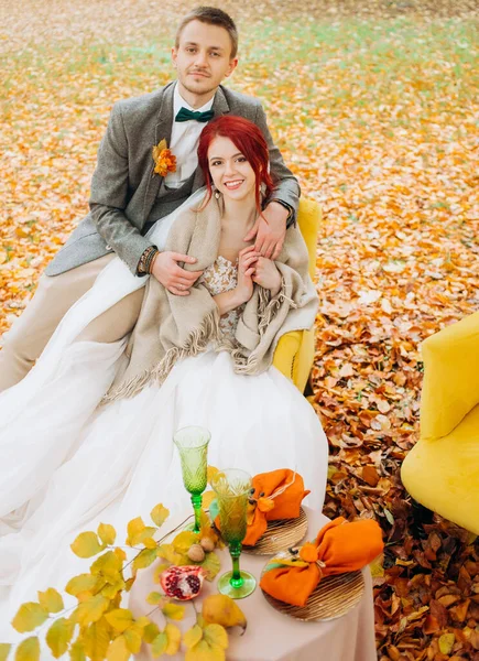 Adoráveis Recém Casados Sentados Cadeiras Macias Parque Outono — Fotografia de Stock