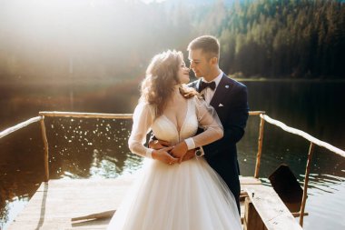 Güzel gelin ve damat dağlarda göl kenarında. Bir çift, bir dağ manzarasının arka planına karşı.