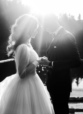 Birbirini seven genç bir çift birbirlerinin gözlerinin içine bakıyor, bir dağ gölünün yakınındaki rıhtımda el ele duruyorlar.