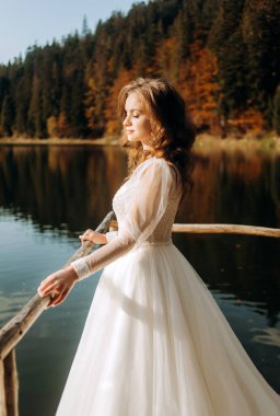 Lüks bir gelinlik içinde güzel bir gelin dağ gölü manzarasının keyfini çıkarıyor.