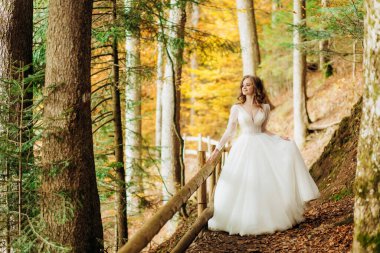 Dalgalı saçlı güzel gelin sonbahar parkında yürüyor..