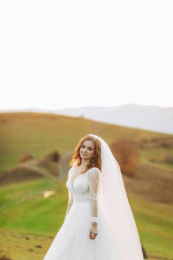 Duvağı olan güzel gelin, dağ manzarasının arka planında duruyor..