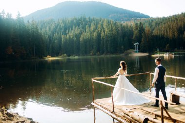 Gelin ve damat dağlardaki gölün yakınında. Bir çift, bir dağ manzarasının arka planına karşı.