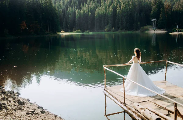 Krásná Nevěsta Luxusních Svatebních Šatech Jezera Svatba Horách — Stock fotografie