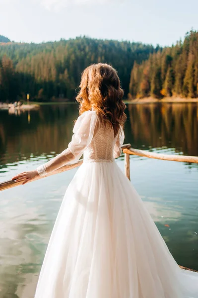 Noiva Doce Vestido Casamento Luxuoso Goza Das Vistas Lago Montanha — Fotografia de Stock