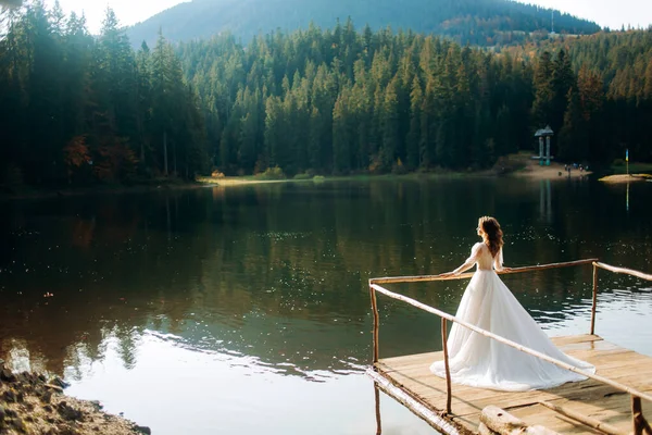 Atraktivní Nevěsta Luxusních Svatebních Šatech Jezera Svatba Horách — Stock fotografie
