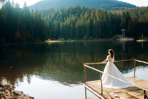 Jolie Mariée Robe Mariée Luxe Près Lac Mariage Montagne — Photo