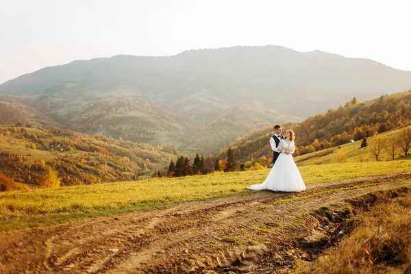 結婚式のカップル緑の丘の上を歩く 美しい秋の日に山の中でロマンチックな瞬間を楽しむ新婚旅行 — ストック写真