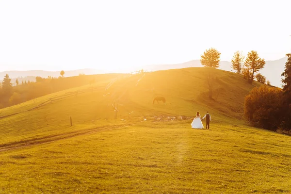 Roztomilý Pár Novomanželů Kráčejících Ruce Pozadí Hory Západ Slunce — Stock fotografie