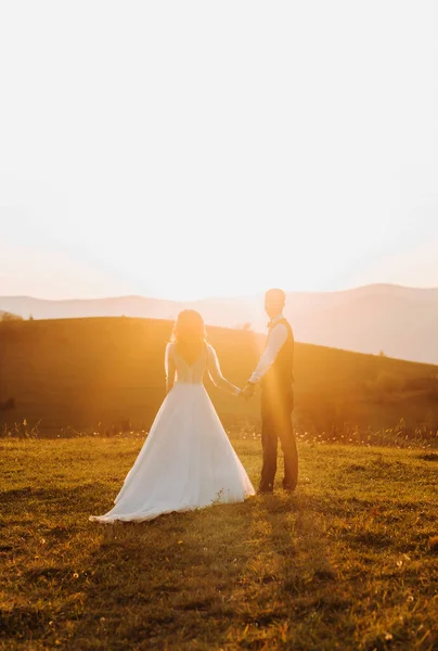 結婚式のドレスで新婚夫婦の新郎と女性の花嫁は山の背景に実行されます — ストック写真