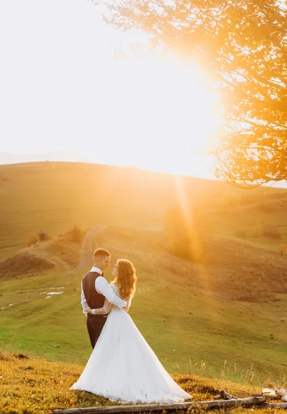 日没時に山の上に抱きつく結婚式のカップル — ストック写真