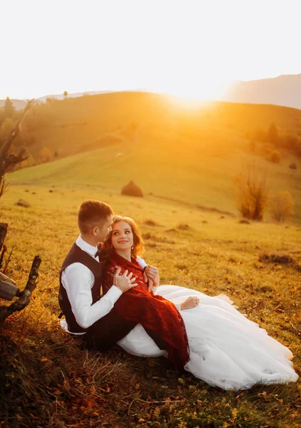 Bellissimi Sposi Godono Paesaggio Autunnale Seduti Sotto Albero Tramonto — Foto Stock