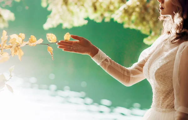 Megérinteni Egységet Természettel Részleteket Menyasszony Keze Hozzáér Levélhez — Stock Fotó