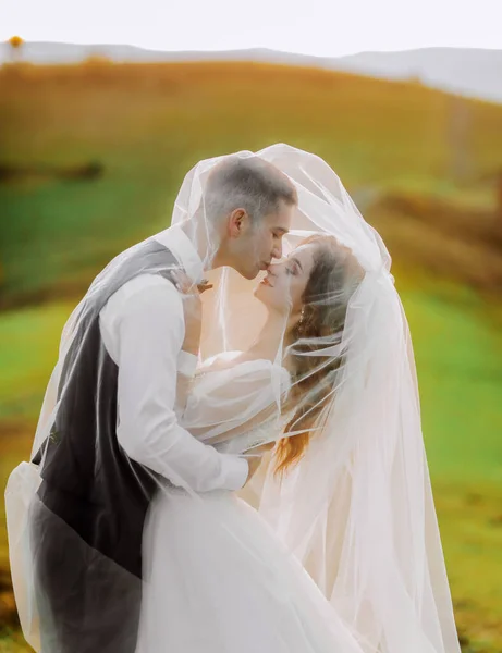 Novomanželé Lásce Pokryté Závojem Líbání Pozadí Západu Slunce Horách — Stock fotografie