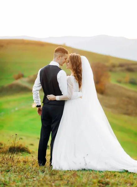 Весільна Пара Стоїть Пагорбі Насолоджується Видом Літній Захід Сонця Гірський — стокове фото