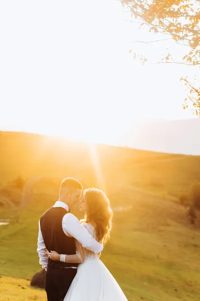 Tendre Jeunes Mariés Étreignant Sommet Une Montagne Coucher Soleil — Photo