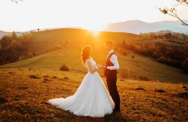 Adorable Newlyweds Stand Facing Each Other Holding Hands Background Sunset — Stock Photo, Image