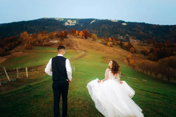 結婚式のドレスで新婚夫婦の新郎と女性の花嫁は山の背景に実行されます — ストック写真