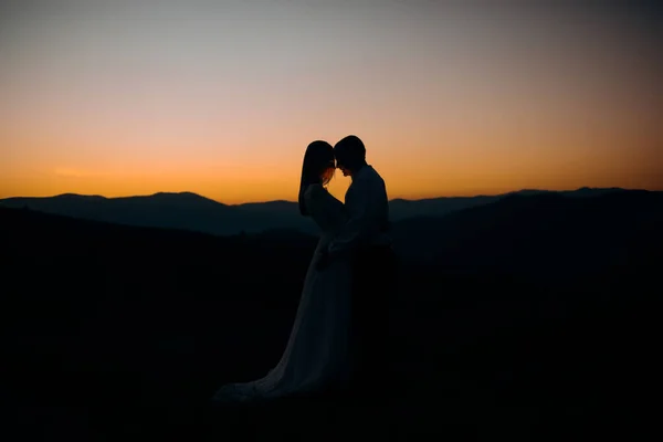 夕日を背に新郎新婦が山の上に立つ — ストック写真
