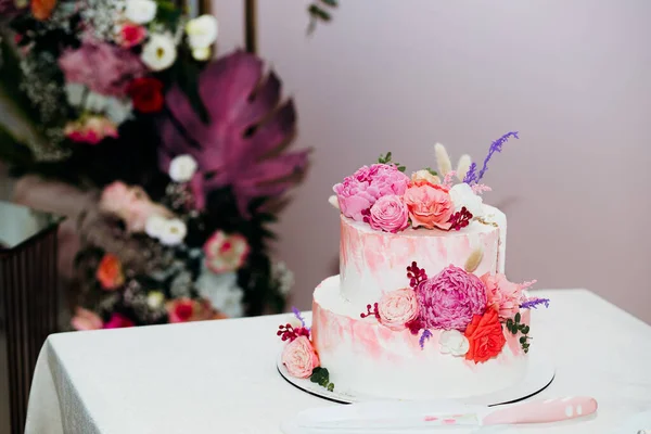 Pastel Pembe Katlı Düğün Pastası Beyaz Şakayık Çiçekleriyle Süslenmiş — Stok fotoğraf