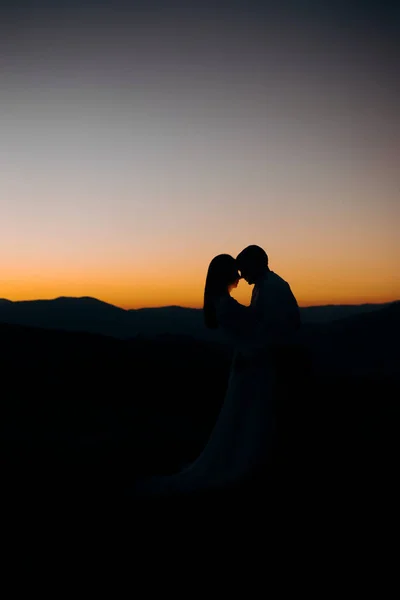 Groom Bride Stand Mountain Background Sunset — Stock Photo, Image