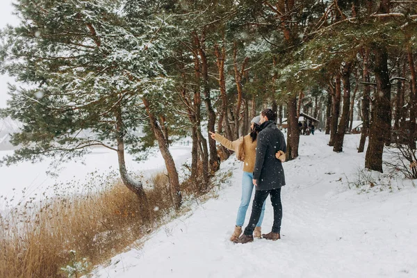 Karla Kaplı Genç Bir Çift Parkta Yürüyor Kış Yürüyüşü — Stok fotoğraf