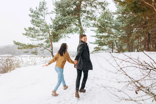 Noel Tatil Birlikte Karlı Kış Ormanda Yürüyüş Mutlu Sevgi Dolu — Stok fotoğraf
