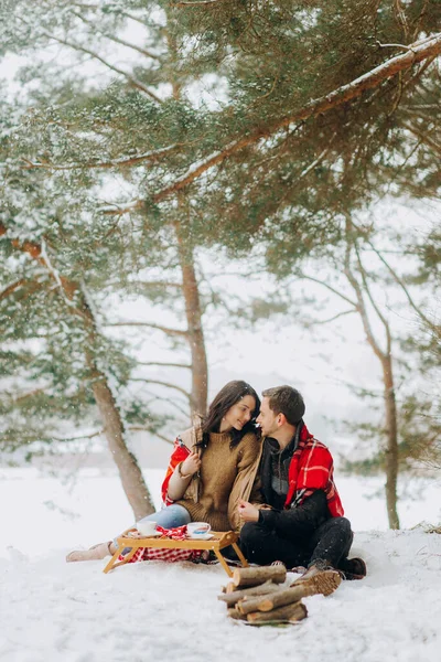 Zimní Piknik Zasněženém Lese Milující Pár Šálky Čaje Sedící Pod — Stock fotografie