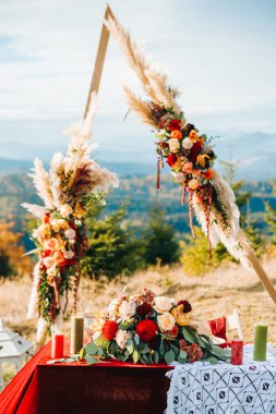 Pampasian çimeni, yıldız çiçeği ve güllerden oluşan üçgen ahşap kemer. Dekoratif çiçekçi.