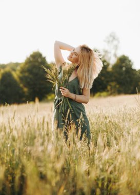 Buğday tarlasında poz veren kısa sarı saçlı çekici kız ellerinde dikenlerle. Gün batımı.