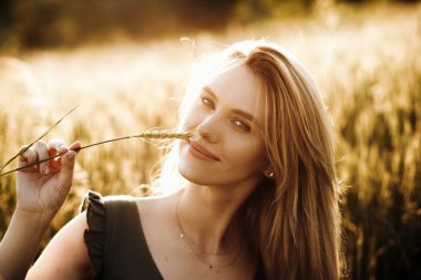 Güzel sarışın gün batımında buğday kulaklarından hoşlanır. Kız buğday dikenini kokluyor.