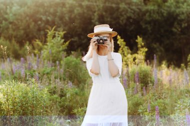 Lupin tarlasında poz veren elinde kamera olan güzel sarışın kadın..