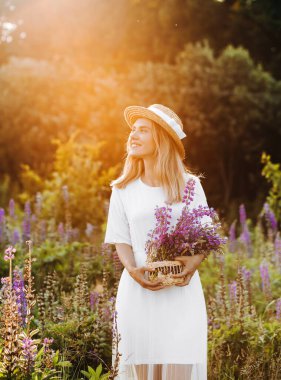 Beyaz elbiseli, kısa saçlı genç bir sarışın. Kadın lup tarlasında poz veriyor.