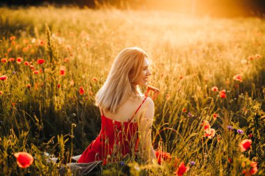 Kırmızı elbiseli güzel sarışın gün batımında çikolata parçacıklı kurabiye yiyor, gelincik tarlasında piknik yapıyor.