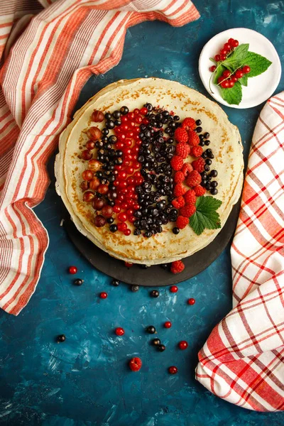 Pancakes Berries Breakfast Sweet Homemade Stack Pancakes — Stock Photo, Image