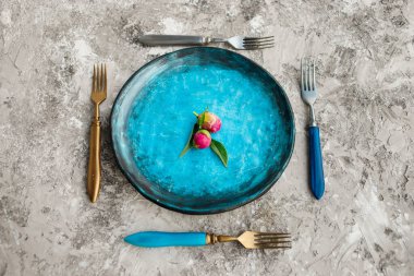 Gri arka planı çatallı renkli mutfak tabakları..