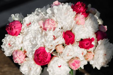 Pembe ve beyaz şakayıkların karışımı. Bir buket taze çiçek.