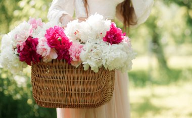 Saman sepetinde pembe şakayık tutan Boho kızı. Bohem çiçekli elbiseli şık hippi kadın bahçede şakayık çiçekleri topluyor..