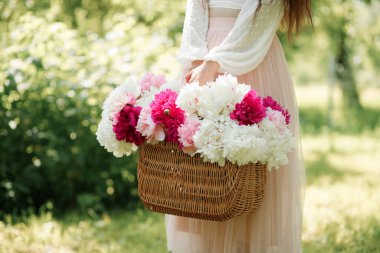 Elinde sepet dolusu taze şakayık tutan bir kadın. Bir buket pembe ve beyaz çiçek. Yaz duvar kağıdı.