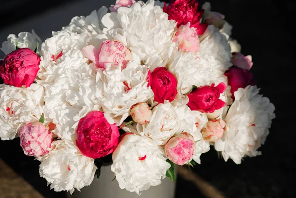 Mistura Incrível Peônias Rosa Branco Buquê Flores Frescas — Fotografia de Stock