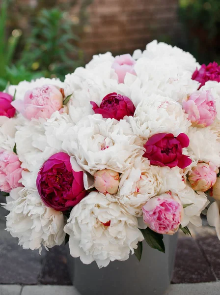 Pembe ve beyaz şakayıkların inanılmaz bir karışımı. Bir buket taze çiçek.