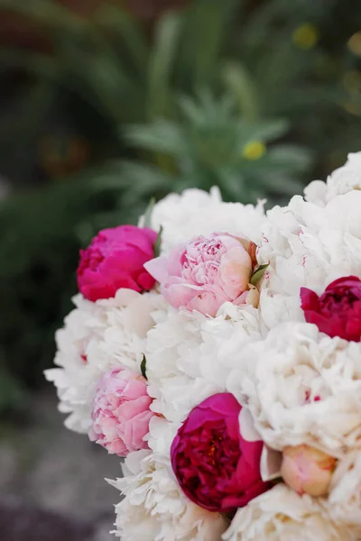 Mistura Incrível Peônias Rosa Branco Buquê Flores Frescas — Fotografia de Stock