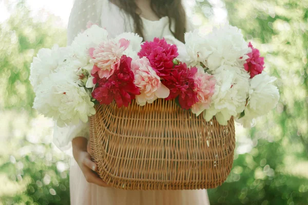 Женщина Держит Корзину Красивыми Новыми Пионами Букет Розовых Белых Цветов — стоковое фото
