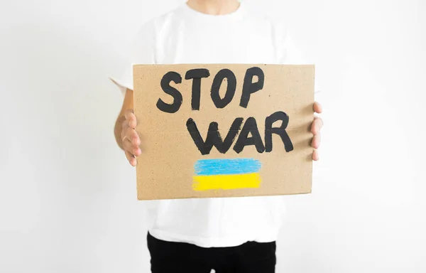 Russia War Ukraine Guy Message Stop War Text Plate War — Stock Photo, Image