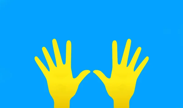 Υποστήριξη Για Την Ουκρανία Κίτρινο Χέρι Μπλε Φόντο Βοήθεια Ουκρανία — Φωτογραφία Αρχείου