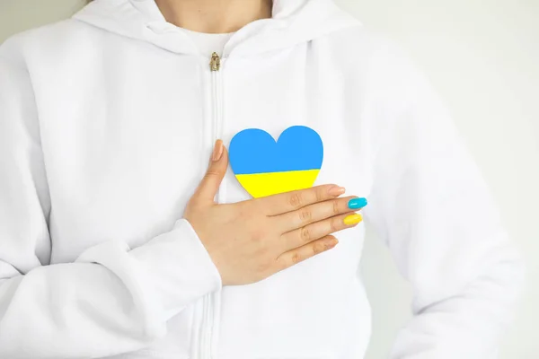 Concept Love Ukraine Heart Colors Flag Ukraine Female Hands White — Stock Photo, Image