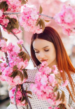 Güneşli bir günde Sakura Ağacı Çiçekli Güzel Kadın.