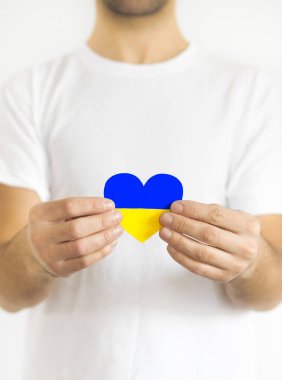 Ukrayna kavramına bayılıyorum. Kalp şeklinde eller Ukrayna bayrağı renginde boyanır - sarı ve mavi. Seçici odaklanma. Ukrayna Bağımsızlık Günü, bayrak