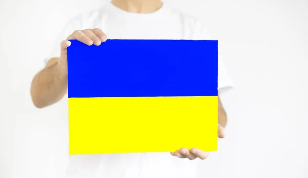 Cara Com Papel Forma Uma Bandeira Amarela Azul Ucrânia Fundo — Fotografia de Stock